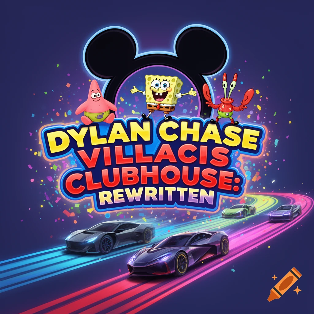 A vibrant logo with small cartoon characters SpongeBob, Patrick, Mr. Krabs, and a Mickey Mouse head above 'DYLAN CHASE VILLACIS CLUBHOUSE: REWRITTEN' text, with race cars on glowing tracks.