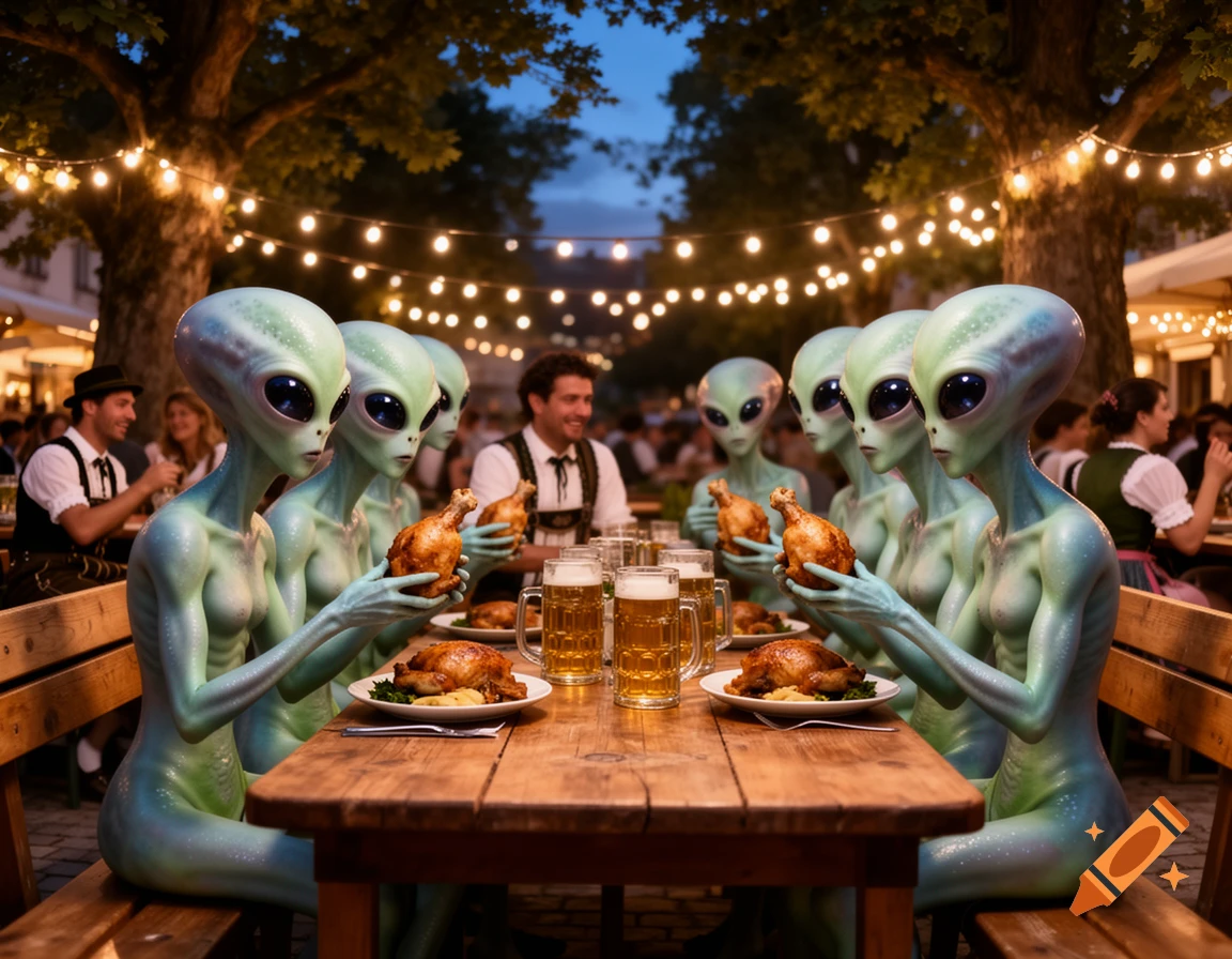 Photorealistic image of several light green aliens eating roasted chicken and drinking beer in a lively outdoor beer garden at night.