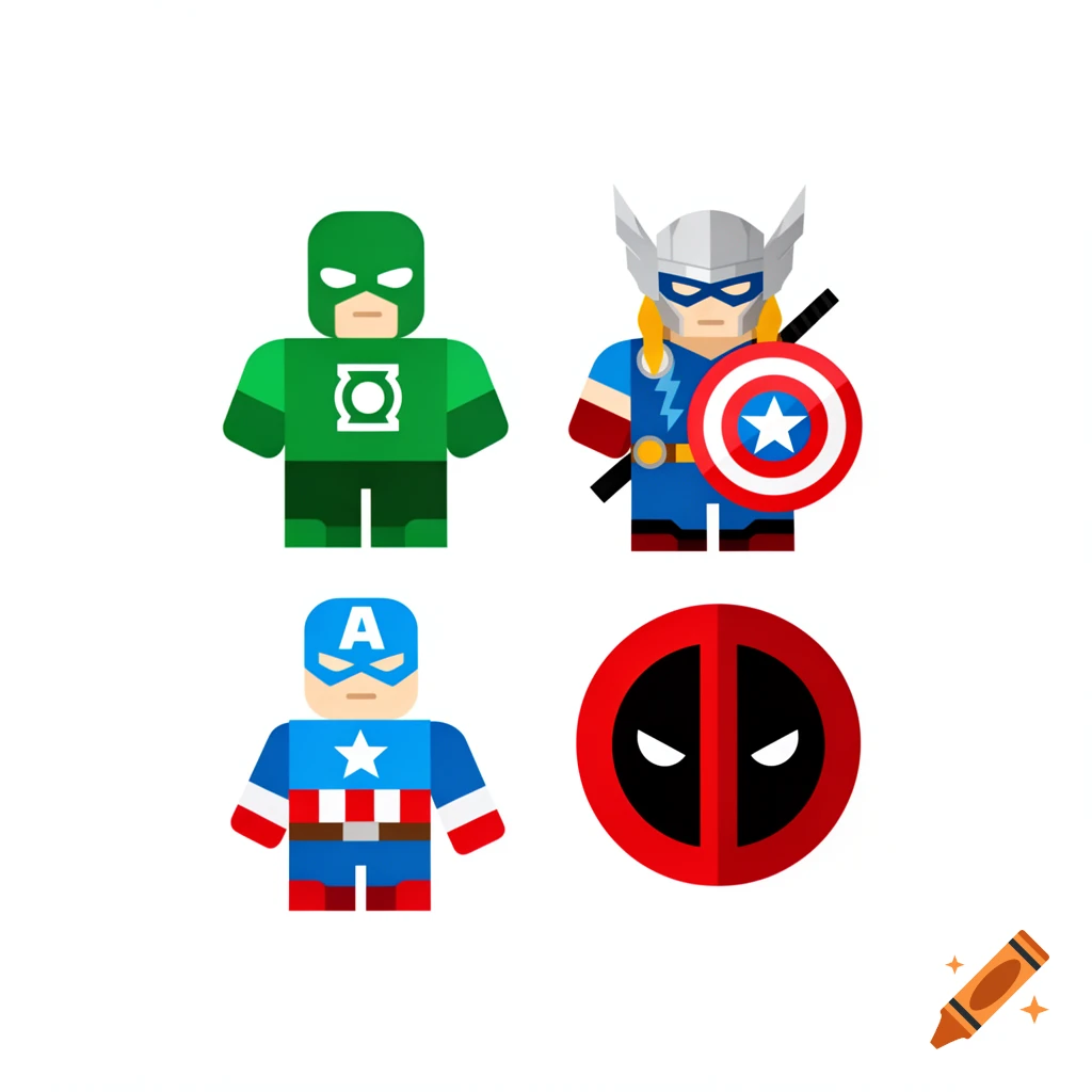 Four blocky, flat-design superhero icons: Green Lantern, a female Thor with a shield, Captain America, and Deadpool's mask on a white background.