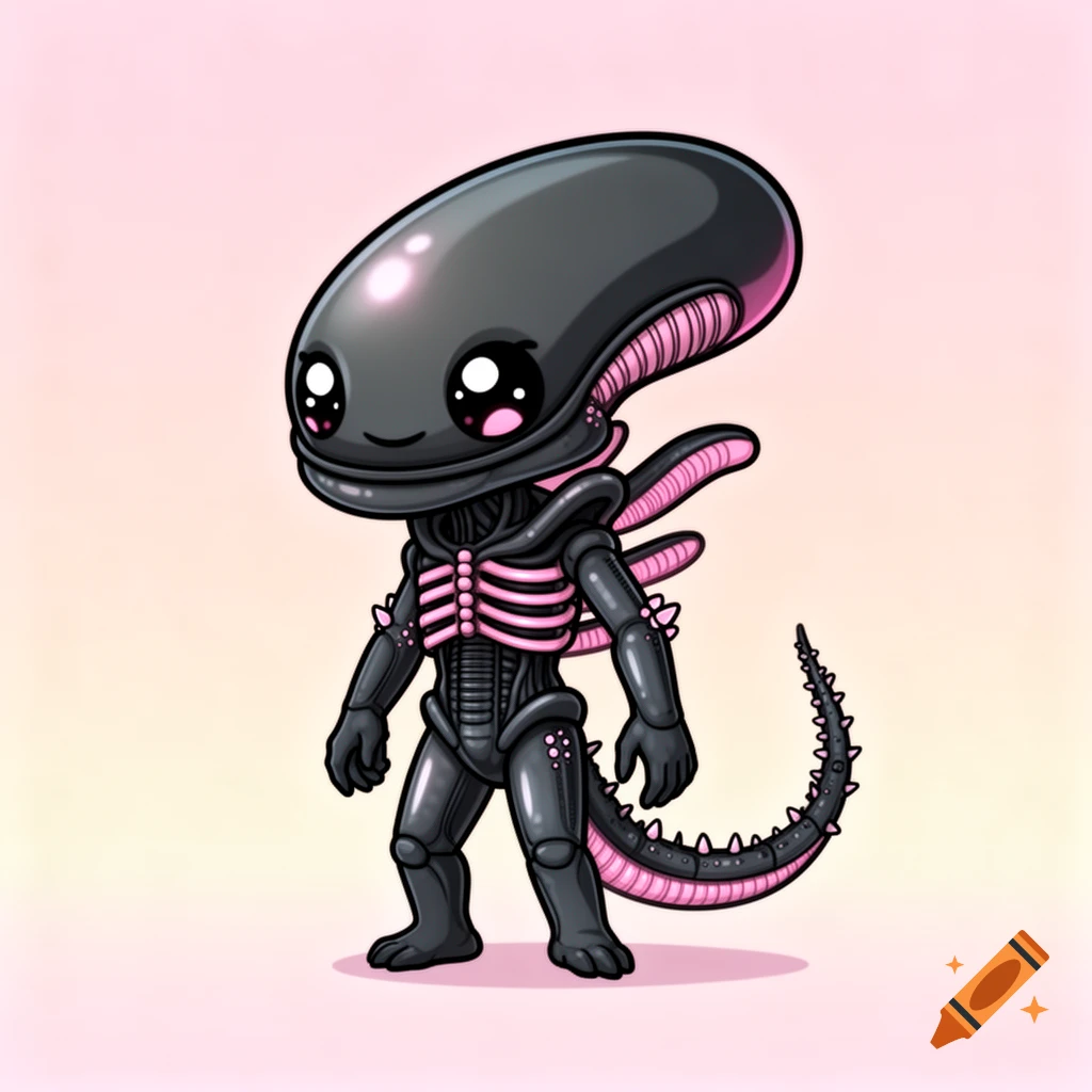 A cute, simplistic style cartoon xenomorph with pink accents, shiny eyes, and a small smile stands against a pink and yellow background.