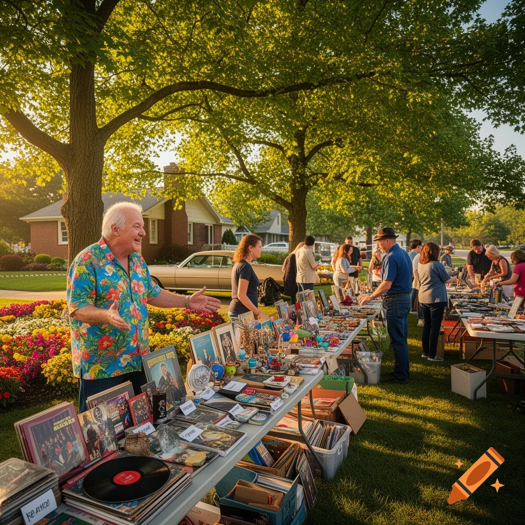 A man in a floral shirt smiles and gestures at his yard sale table filled with records and various items on a sunny day in a suburban neighborhood.