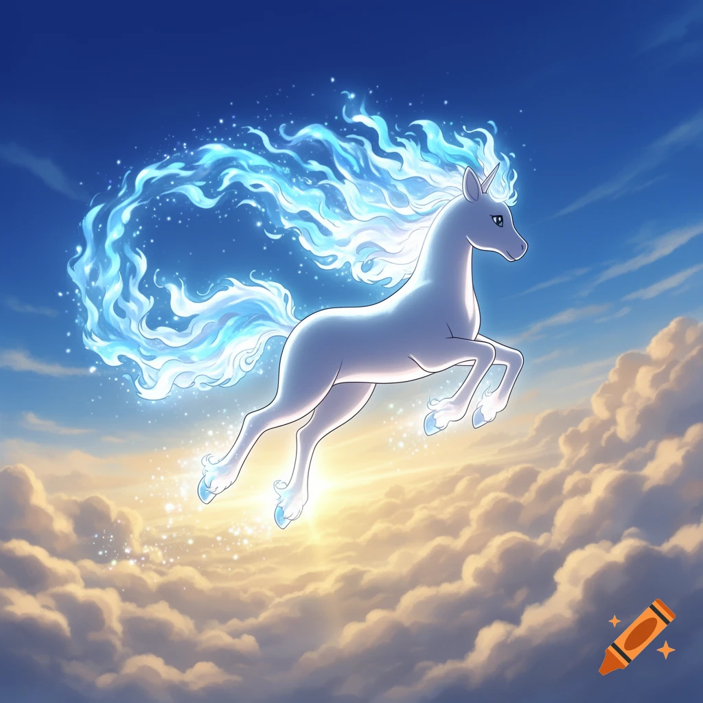 A white unicorn with a luminous blue mane and tail leaps above golden clouds against a bright blue sky, in an animated style.