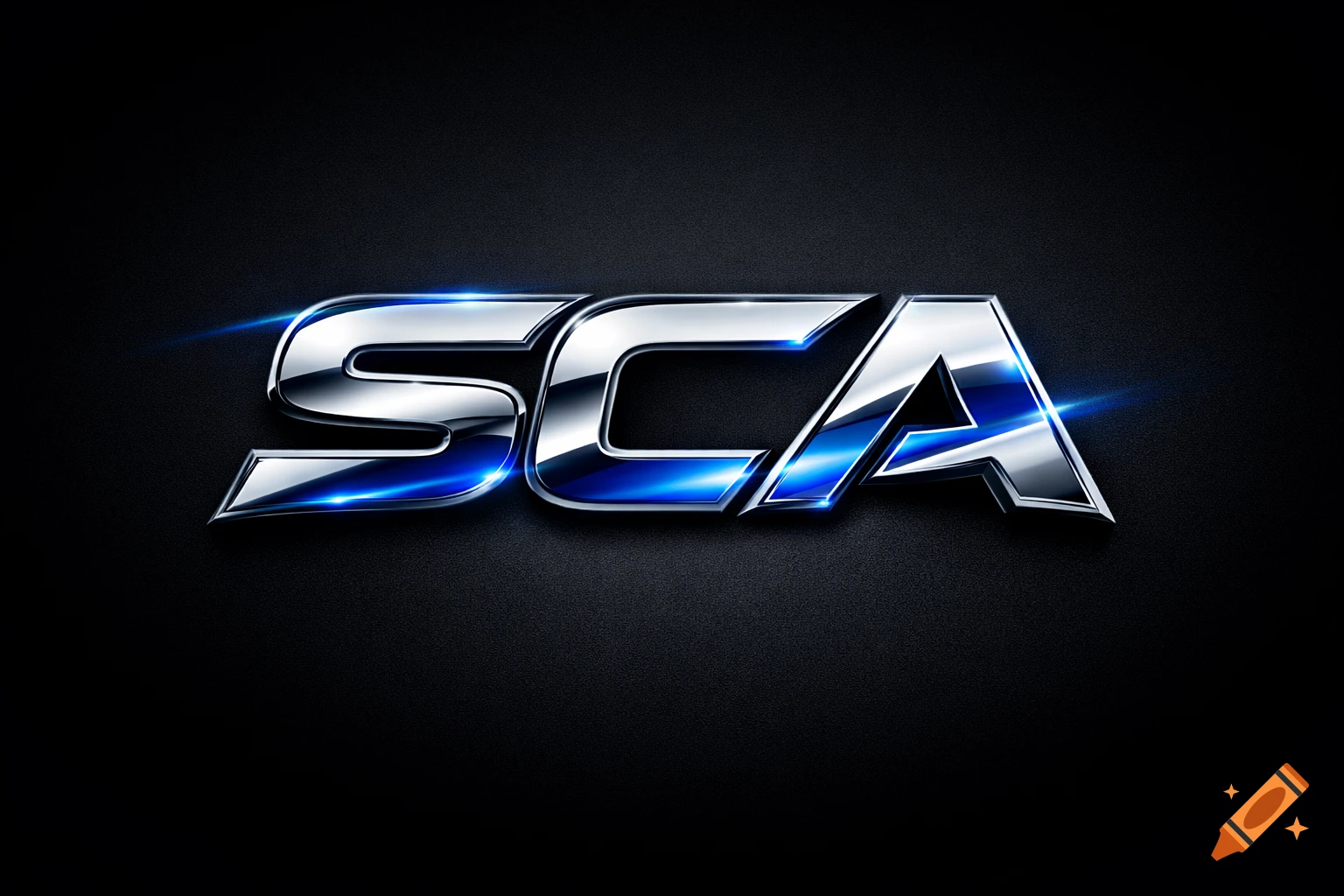 Chrome and blue metallic 3D logo spelling 'SCA' on a dark textured background.