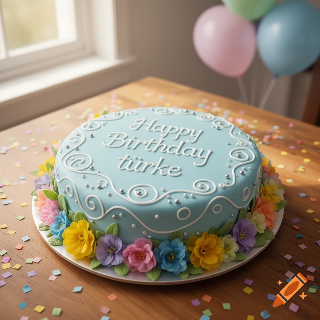 Light blue birthday cake with 'Happy Birthday türke' in white icing, colorful sugar flowers, and confetti on a wooden table. Balloons in background.