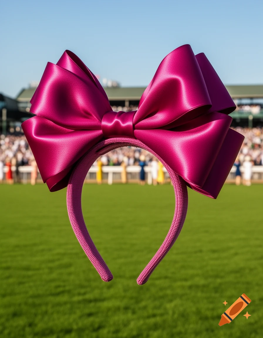 A large, shiny fuchsia bow headband floats above a green grass field, with a blurred horse race track in the background.