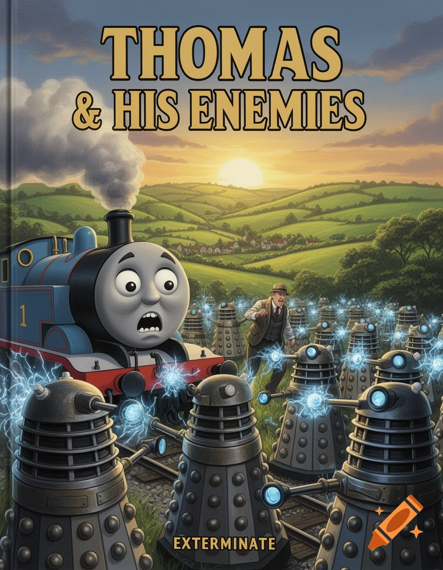 A book cover titled "Thomas & His Enemies" shows Thomas the Tank Engine looking horrified as a man runs from many Daleks firing electricity in a green, rolling landscape at sunset.