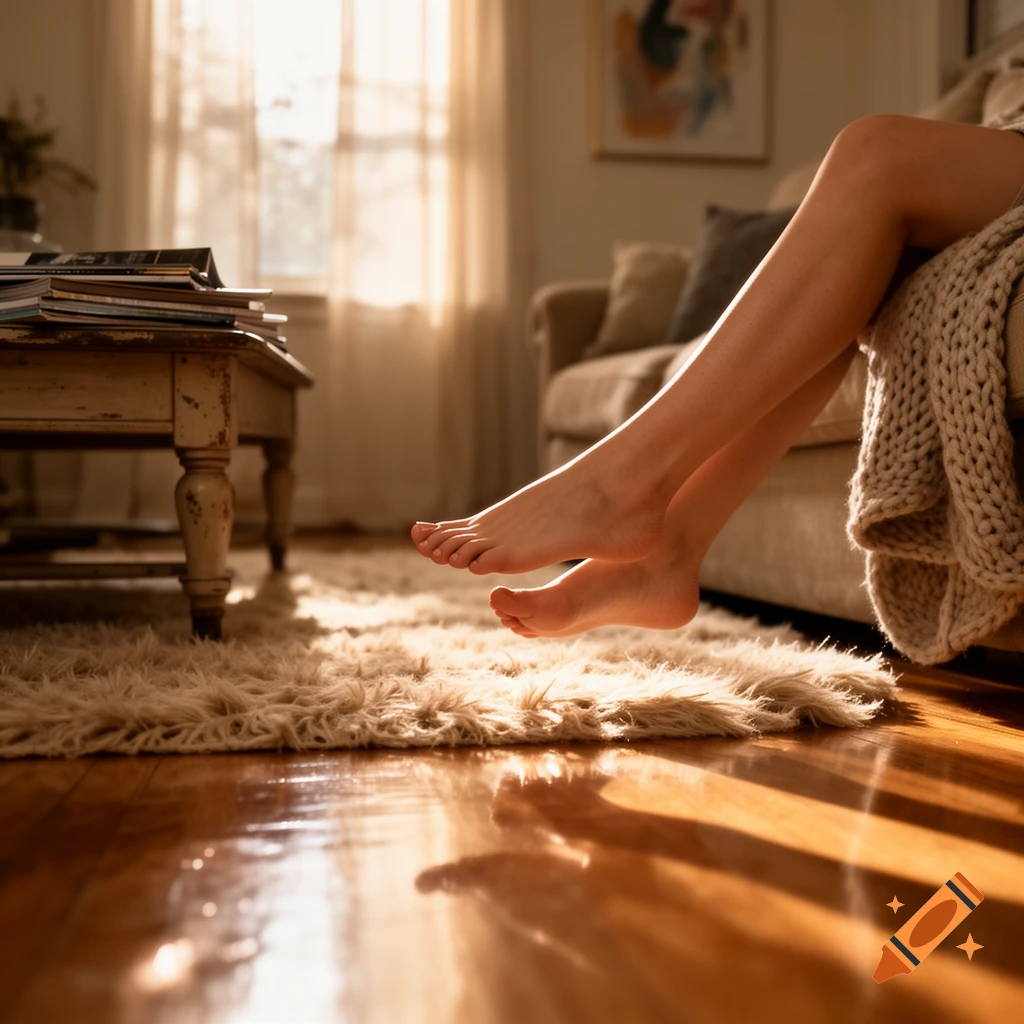 A person's bare legs and feet dangle over a fluffy rug in a sunlit room, with light reflecting on a wooden floor.
