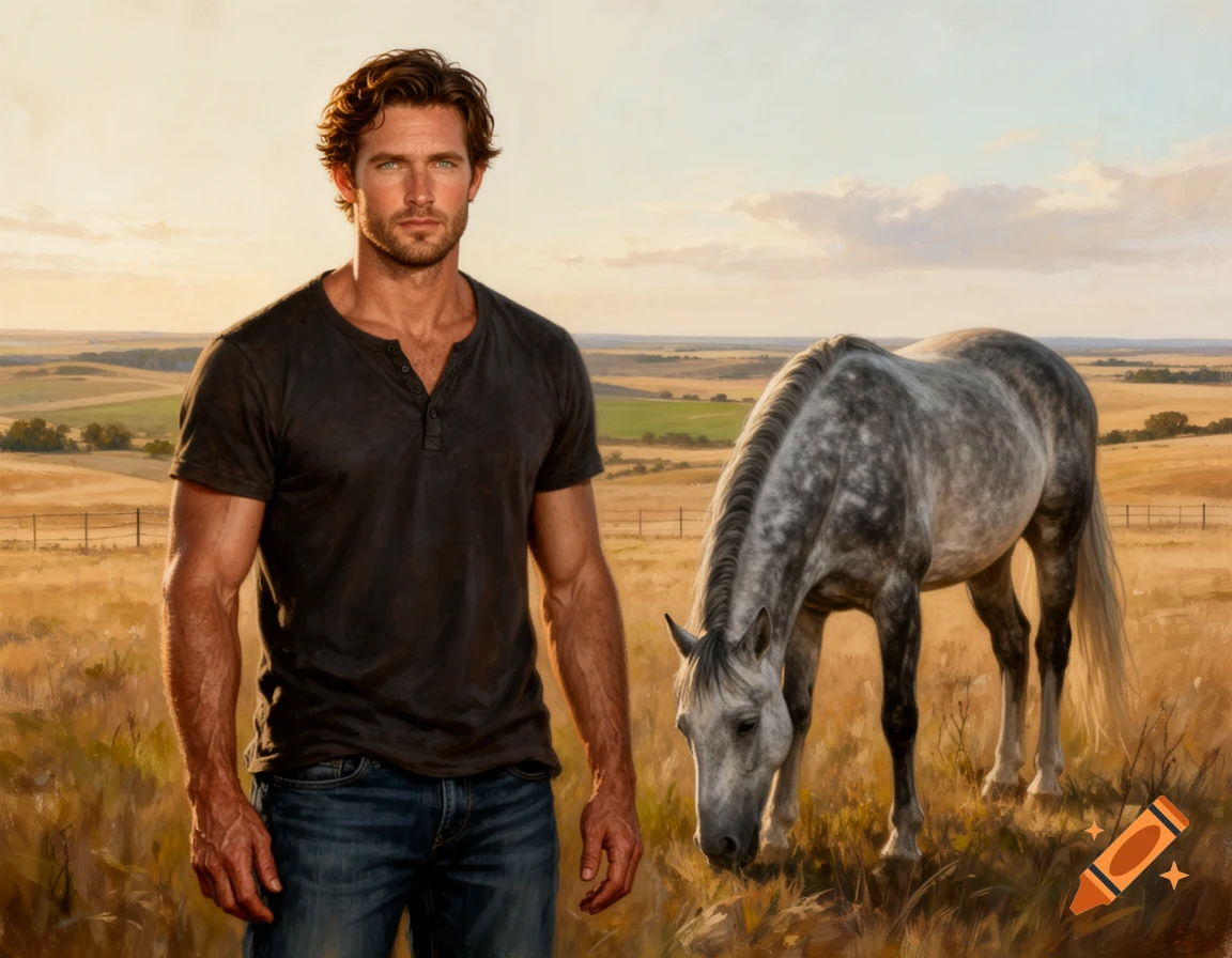 A rugged man in a dark henley and jeans stands in a golden field at sunset, with a dapple grey horse grazing beside him.