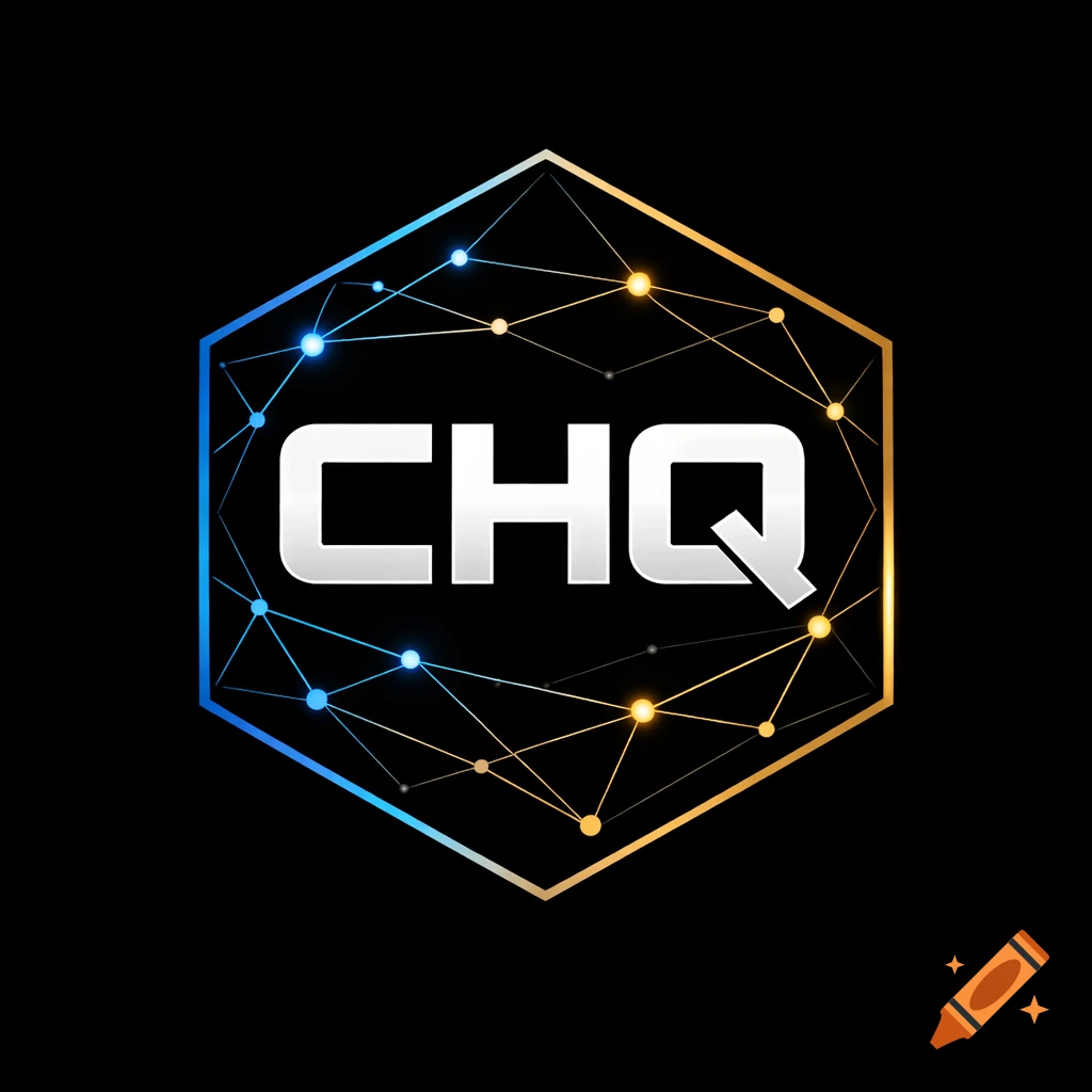 Modern professional logo for CHQ in white, inside a hexagon with blue and gold network lines on a black background.