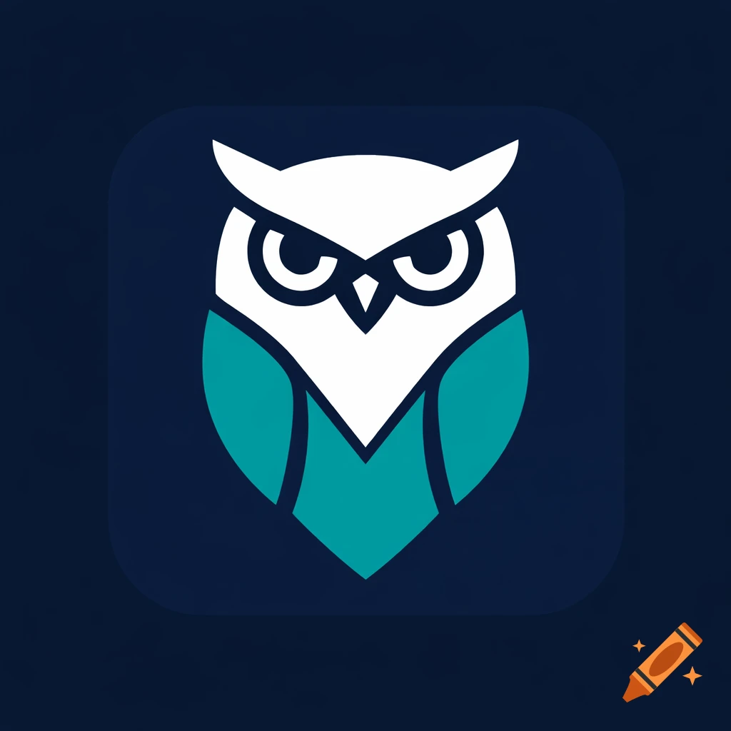 Minimalist app icon of a geometric white and teal owl silhouette on a dark navy background.