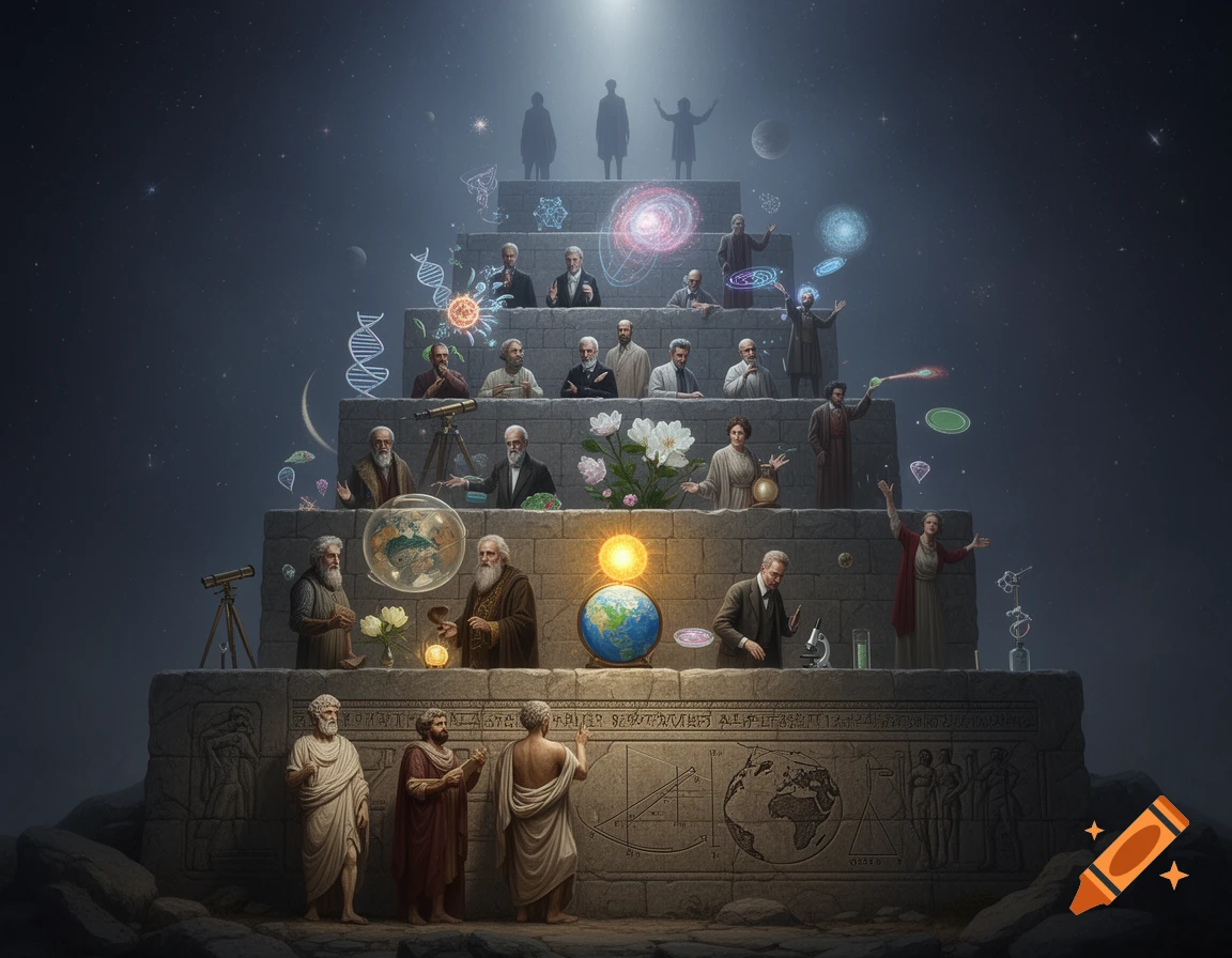 An epic, dark fantasy-style image depicts a pyramid of stone blocks, symbolizing scientific progress. Various scientists from antiquity to modern times stand on each level, looking out at floating scientific concepts like DNA, planets, and galaxies. Ancient figures carve diagrams on the base.