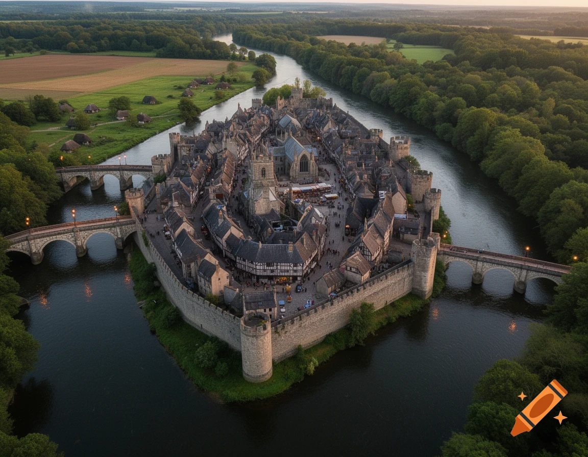 Aerial view of a large, walled medieval city on an island in a river ...