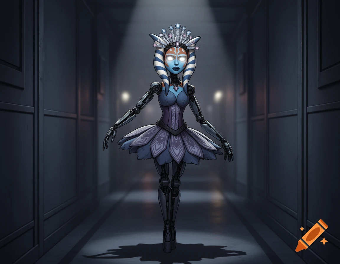 A robotic Ahsoka Tano-like ballerina in a purple tutu and crown stands in a dark hallway under a spotlight.