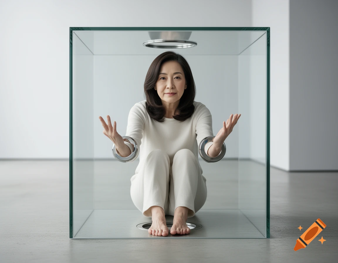 A woman in a white outfit sits inside a clear glass cube, with metallic rings around her wrists and feet in a bright, minimalist room.
