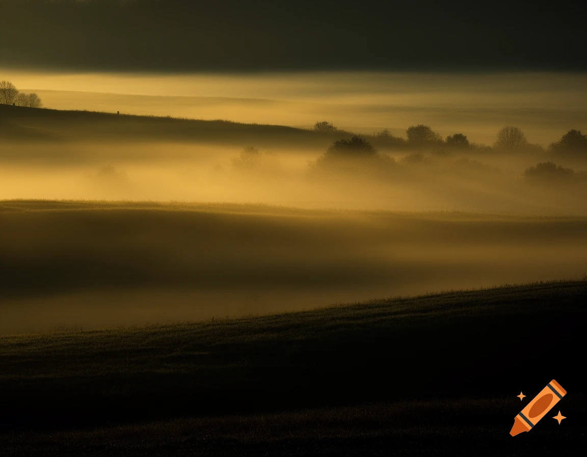 A moody, golden-yellow mist blankets rolling hills with dark foregrounds and scattered trees, under a dark sky.