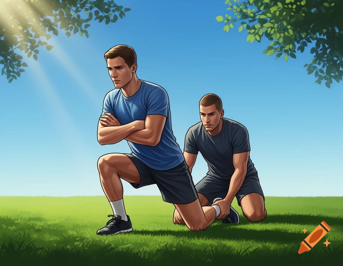 Stylized illustration of two men exercising outdoors; one kneels with crossed arms while the other holds his ankles on a sunny grass field.