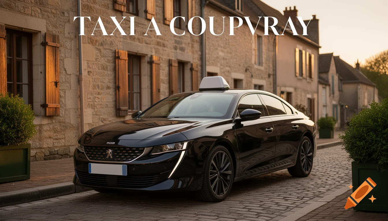 A sleek black Peugeot 508 taxi parked on a charming cobblestone street in a French village, with 'TAXI A COUPVRAY' overlaid.