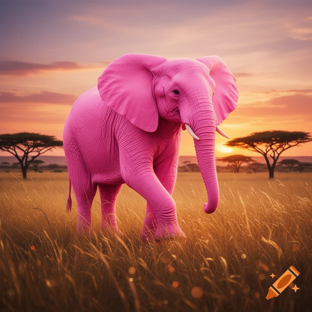 A vibrant pink elephant walks through a golden savanna field at sunset, with acacia trees in the distance.