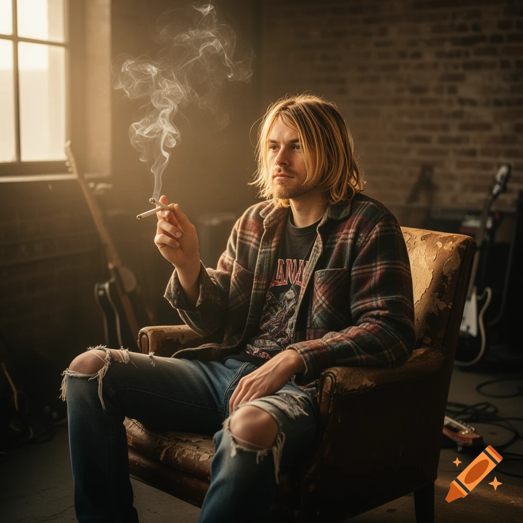 Photorealistic portrait of a man resembling Kurt Cobain, with long blonde hair and a beard, sitting in an old armchair. He wears a plaid shirt, a dark t-shirt, and ripped jeans, holding a lit cigarette with smoke rising. Guitars are visible in the blurry background.