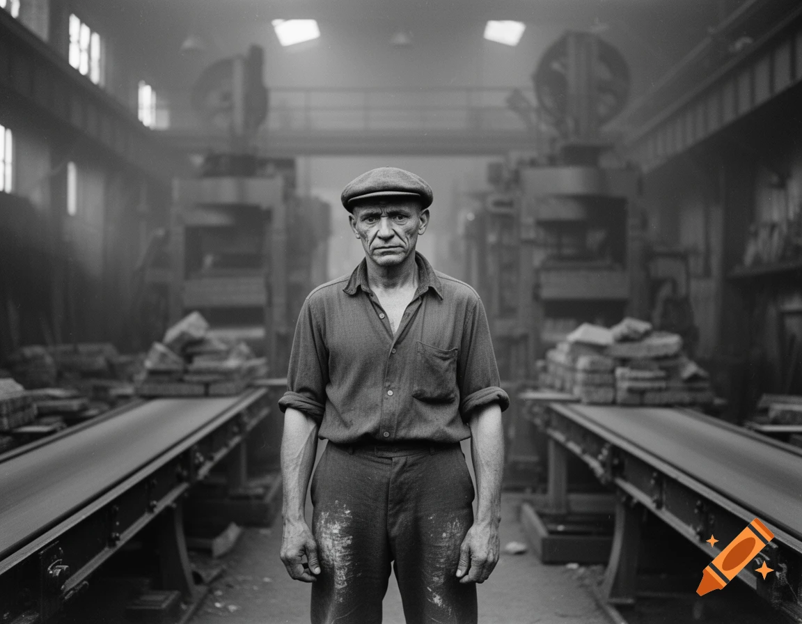 Black and white portrait of a weary male factory worker in a cap, standing in a large industrial setting.