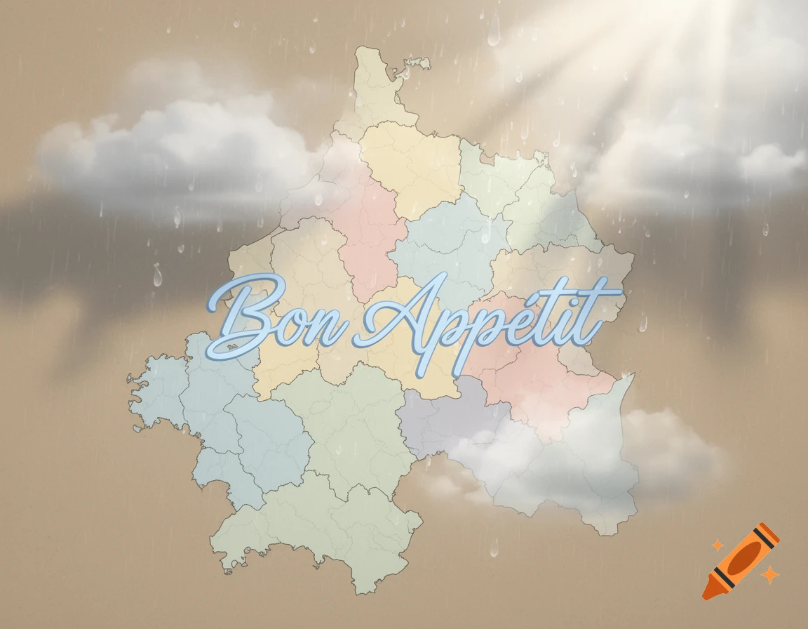 Cursive 'Bon Appetit' text on a colorful map of Normandy with clouds, rain, and sun rays.
