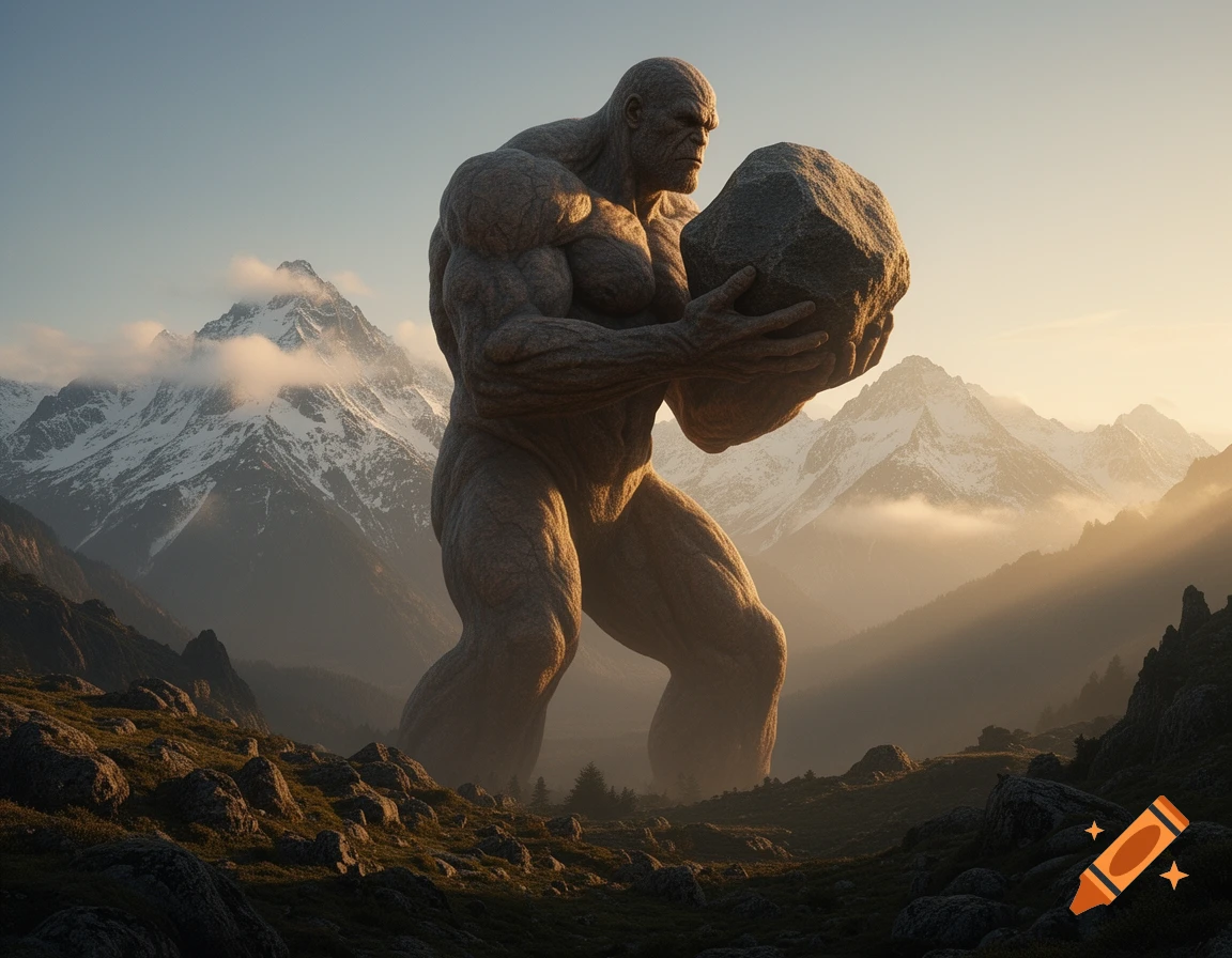 A colossal, muscular giant with rocky skin carries a large boulder through a misty, sunlit mountain landscape.
