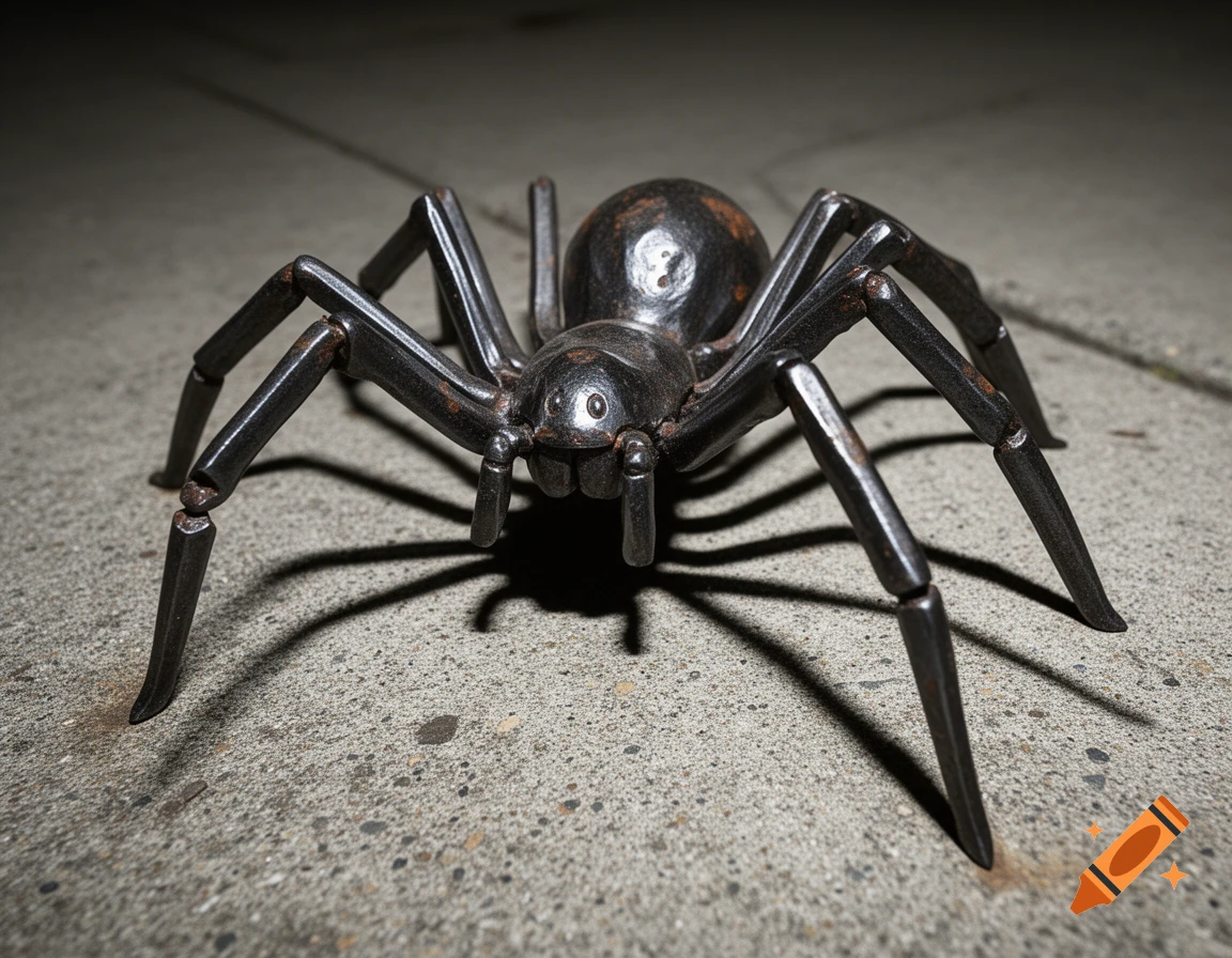 A close-up, low-angle shot of a dark metallic spider with rusty joints on a concrete surface, casting a shadow.