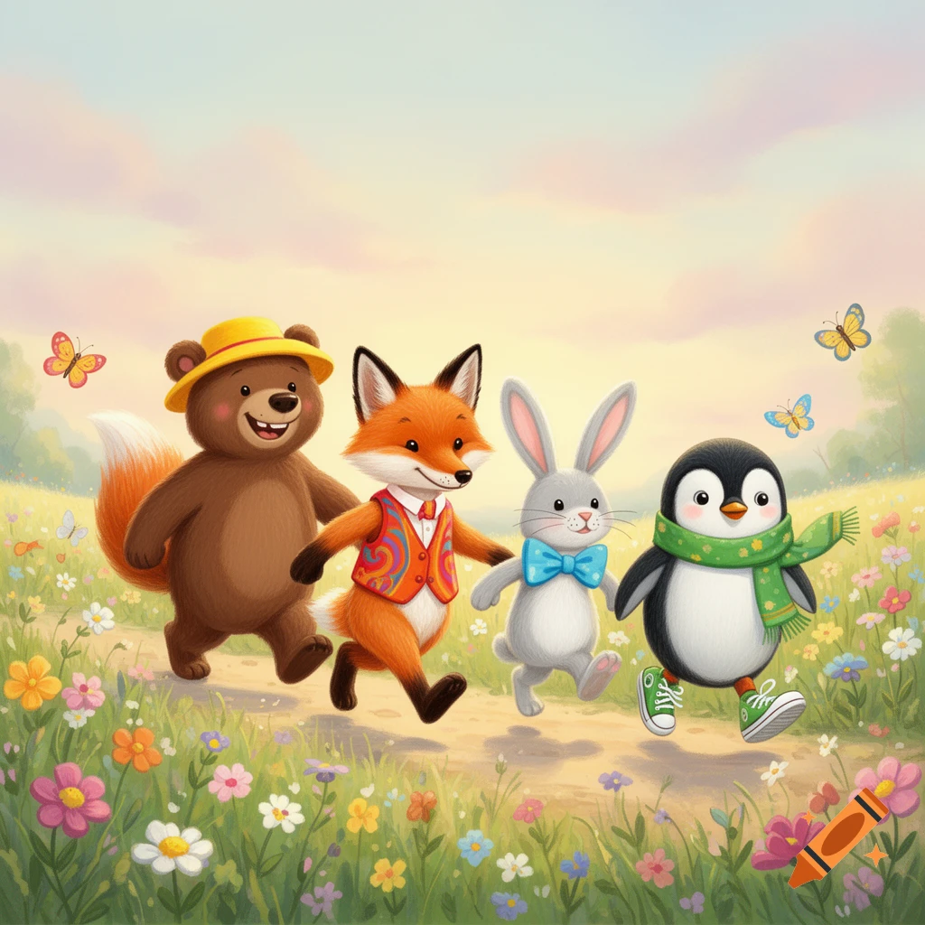 A cartoon bear, fox, bunny, and penguin walk together through a vibrant flowery field under a soft sky.