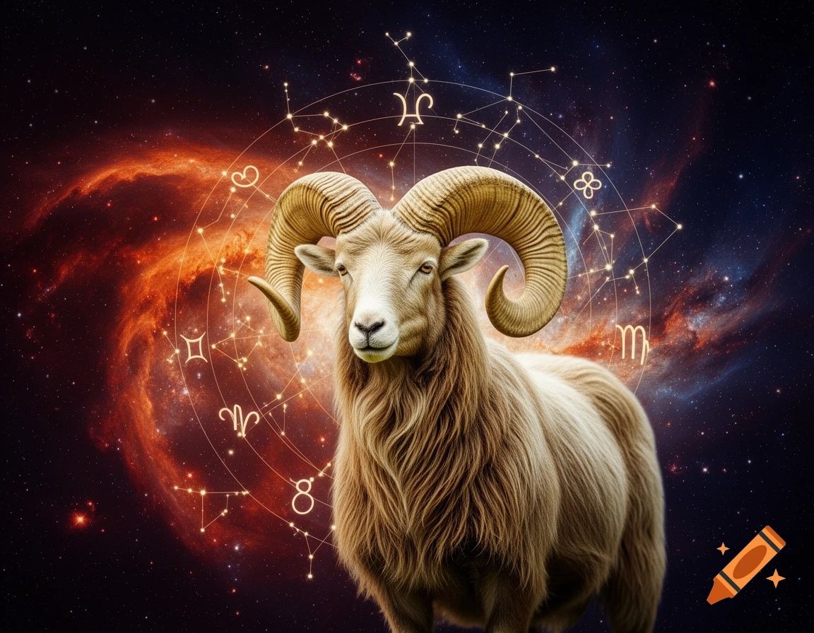 A majestic ram with large curved horns stands against a cosmic nebula background filled with golden astrological zodiac symbols.