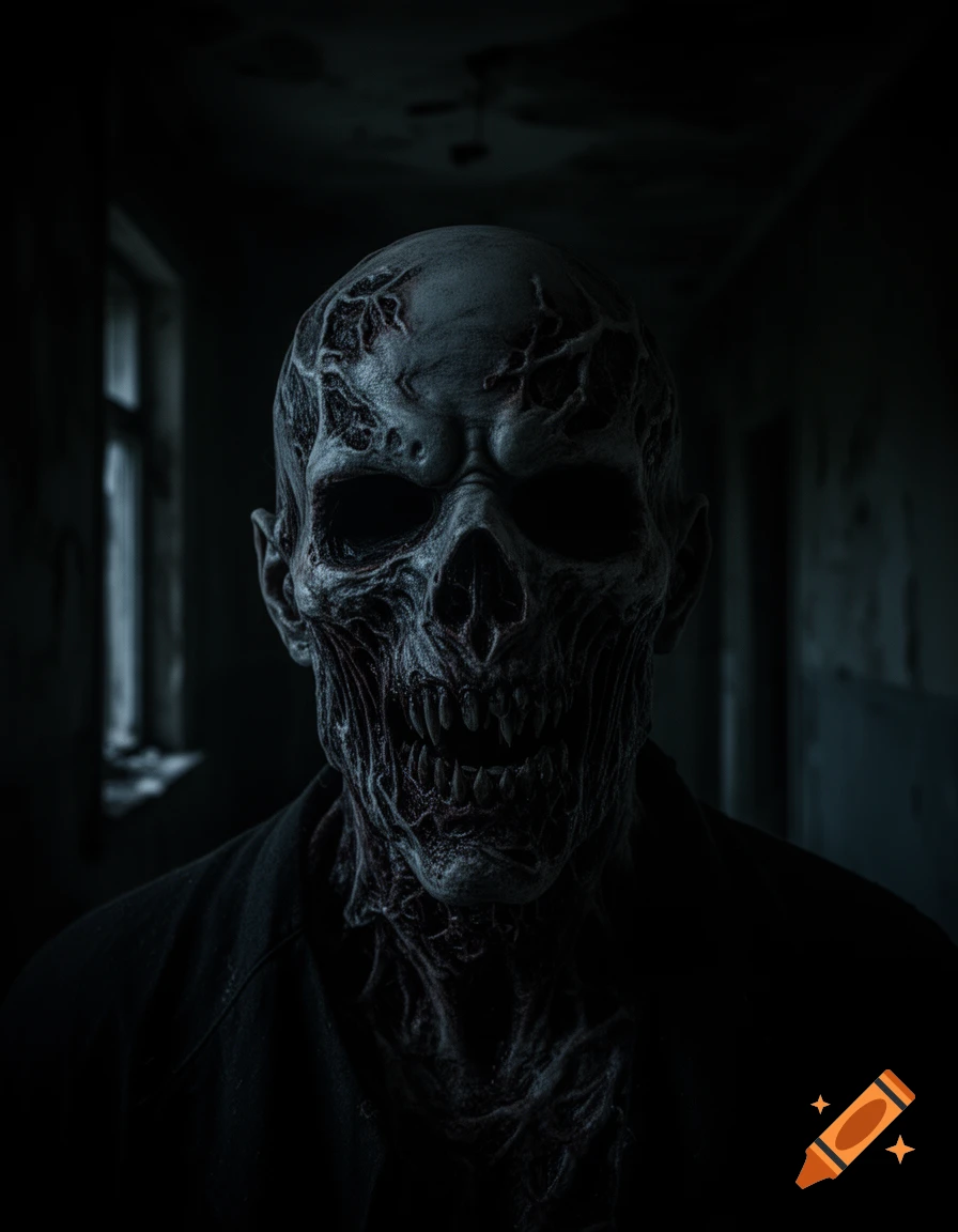 A grim, skeletal horror creature with a mangled face and sharp teeth stares from a dark, dilapidated room.