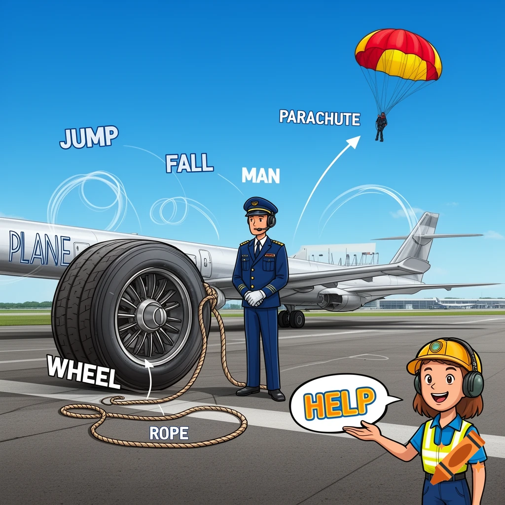 Cartoon illustration of aviation terms with a pilot, a plane, a large wheel, a rope, a parachutist, and a worker saying 'HELP'.