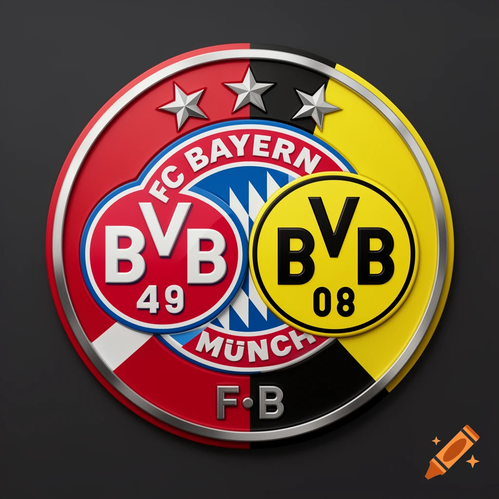 A mixed logo featuring elements of FC Bayern Munich and Borussia Dortmund, with their names and numerical details rendered in a metallic 3D style on a dark background.