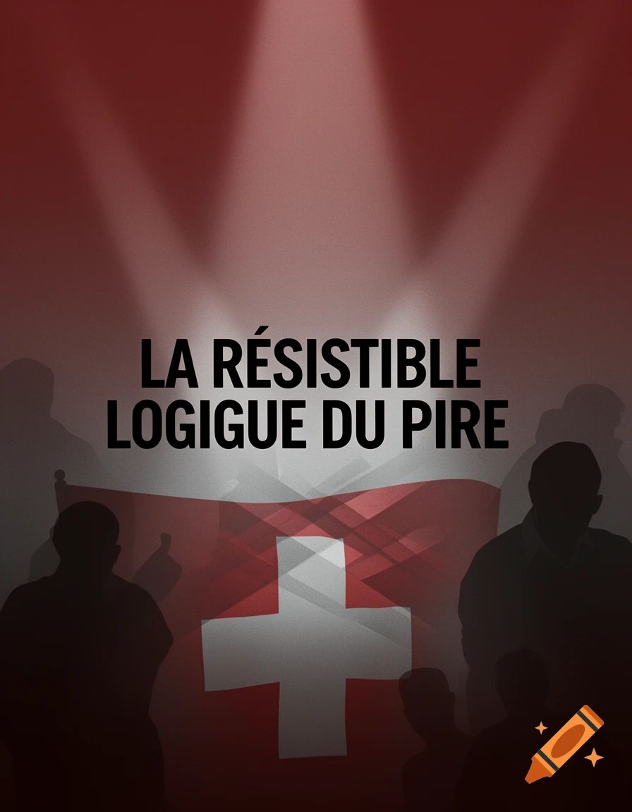 A political poster featuring a red background, spotlights, a stylized Swiss flag, and dark silhouettes of people, with the French text "LA RÉSISTIBLE LOGIQUE DU PIRE".