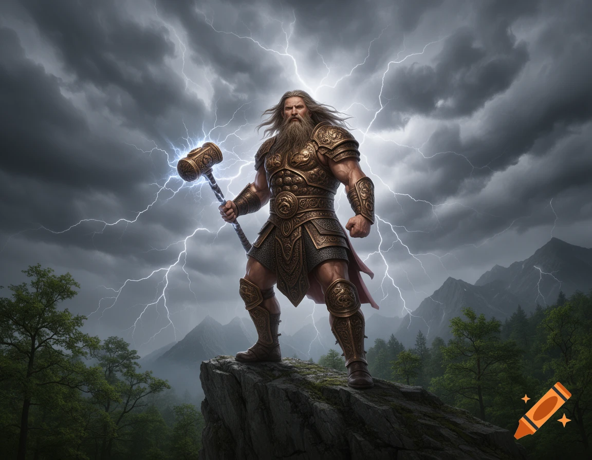 A powerful, bearded man in ornate armor stands on a cliff, holding a glowing hammer, against a dramatic stormy sky with lightning.