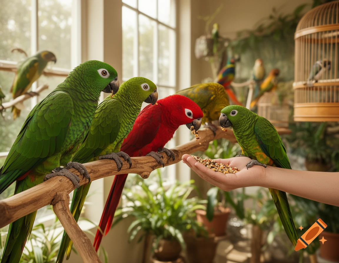 Photorealistic image of multiple green and red parrots being hand-fed birdseed by a person indoors.