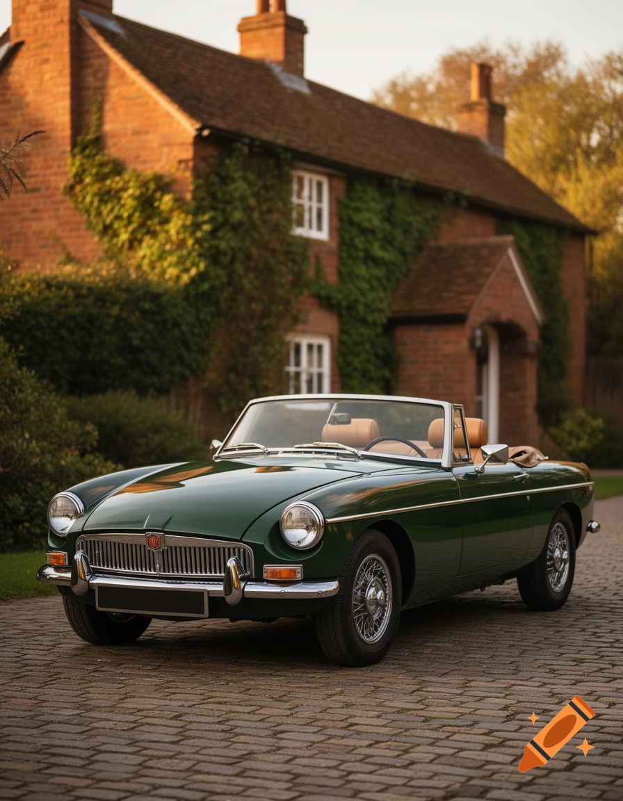 A vintage green MGB convertible car is parked on a cobblestone driveway in front of a brick house covered in ivy at sunset.