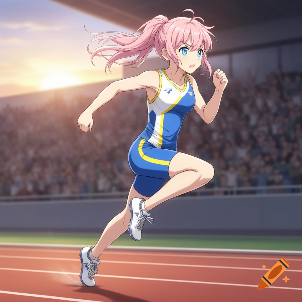 An anime girl with pink hair, wearing a blue and white athletic uniform, runs on a track in a stadium.
