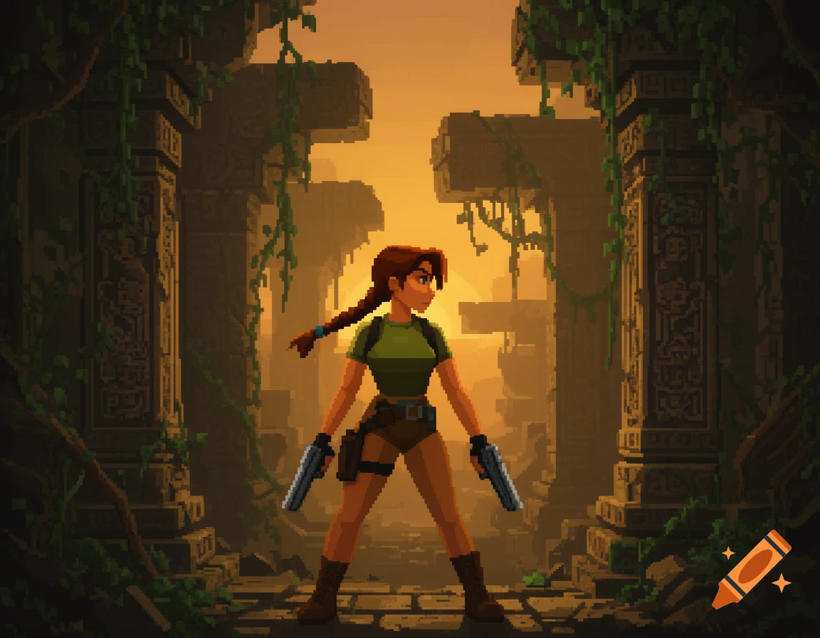 Pixel art of Lara Croft holding two pistols, standing in ancient jungle ruins during sunset.