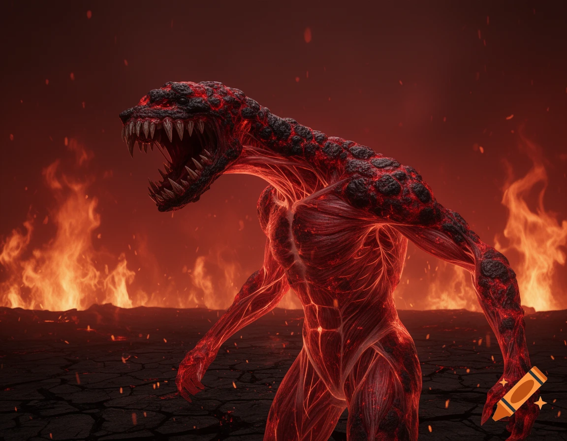 A red-veined, muscular monster with a gaping, jagged-toothed mouth stands in a fiery, cracked landscape.