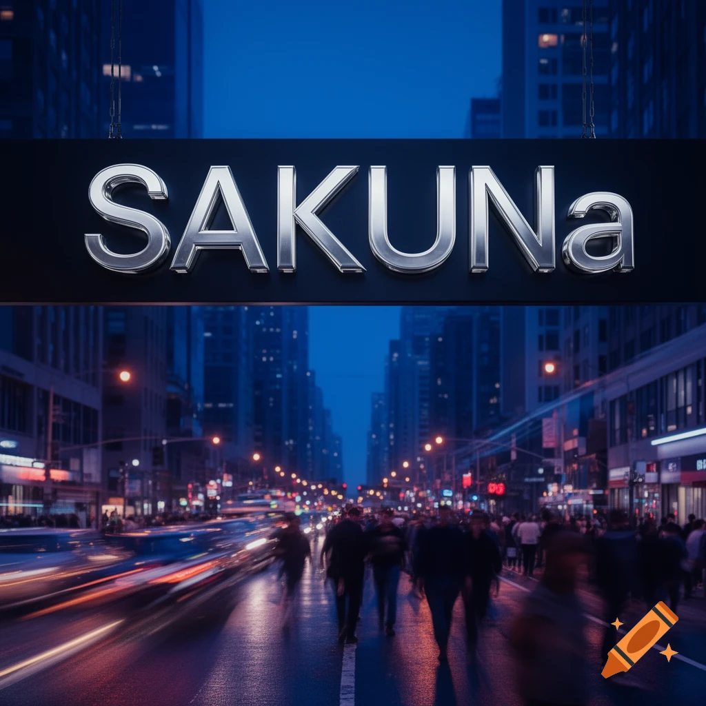 Photorealistic night cityscape with a large 'SAKUNa' sign over a busy street, showing motion-blurred cars and pedestrians.
