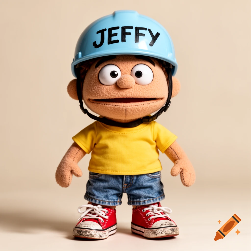 A brown puppet, Jeffy, with large eyes, wears a yellow t-shirt, blue denim shorts, red sneakers, and a light blue helmet with 'JEFFY' written on it.