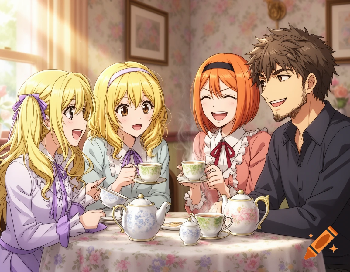 Two blonde anime girls, one ginger anime girl, and a bearded man share tea and conversation at a table.