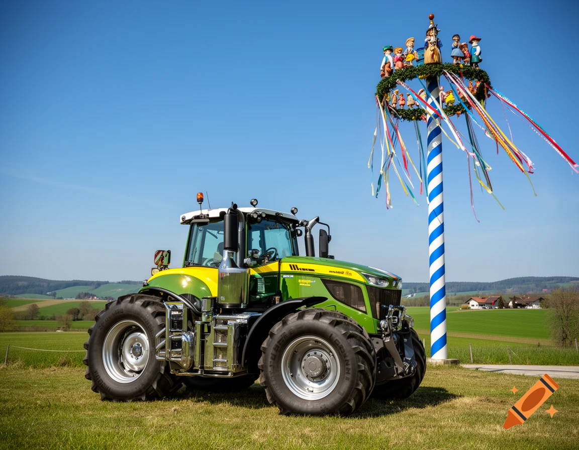 A green and yellow tractor parked in a grassy field next to a tall blue and white striped maypole with colorful ribbons and small figures, under a clear sky.