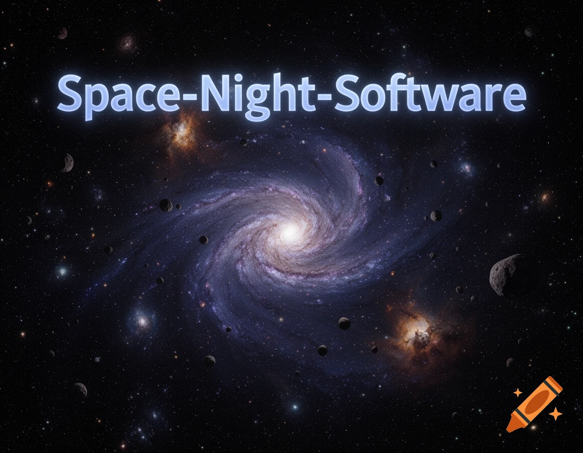 A vibrant purple and blue spiral galaxy in deep space, surrounded by stars and asteroids, with the glowing text "Space-Night-Software" floating above.