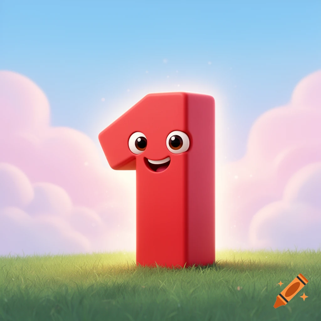 A friendly, smiling red number 1 character with eyes and a mouth, standing on green grass under a blue sky with pink clouds.