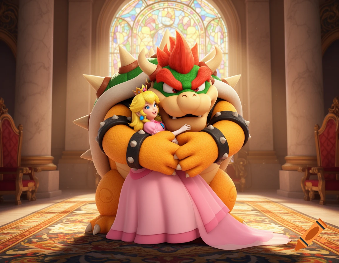 Bowser gently hugs Princess Peach in a grand castle hall with a stained glass window, 3D rendered.