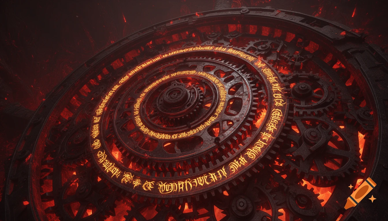 Hyper-realistic rendering of a massive, intricate clockwork engine with glowing red-orange demonic script on dark metal gears, emanating hellfire glow from below.