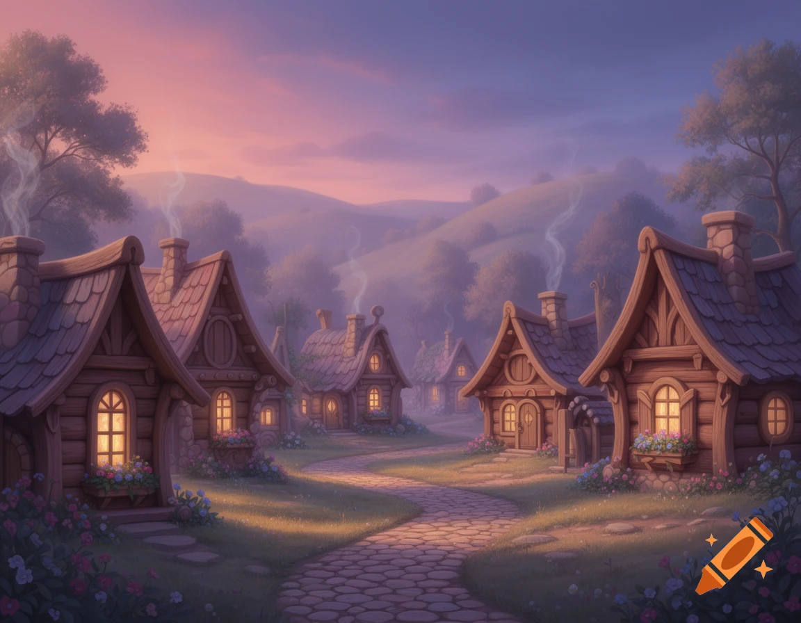 A serene digital art painting of a fantasy village with cozy wooden houses, glowing windows, and smoke from chimneys under a purple-pink sky.