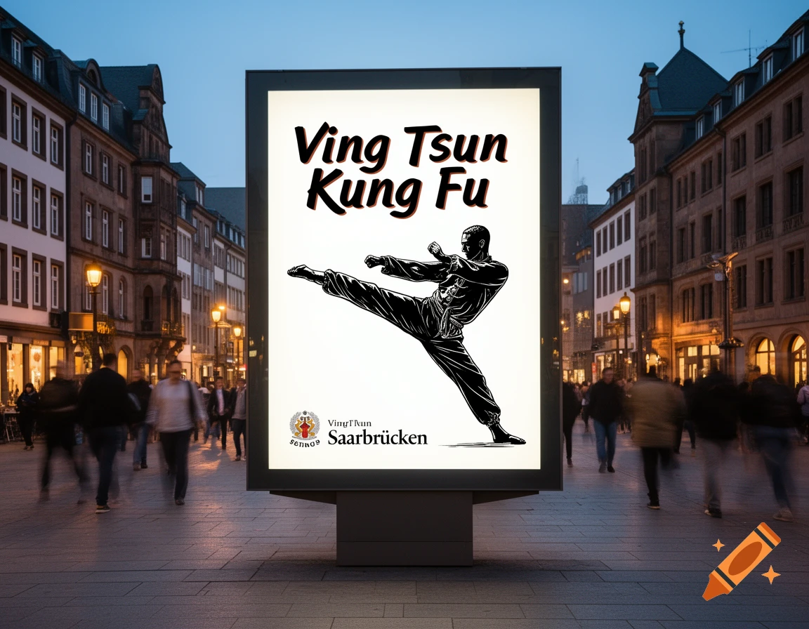 An illuminated billboard in a city street at dusk displays an advertisement for a Ving Tsun Kung Fu school in Saarbrücken, featuring a martial artist in a kicking pose.