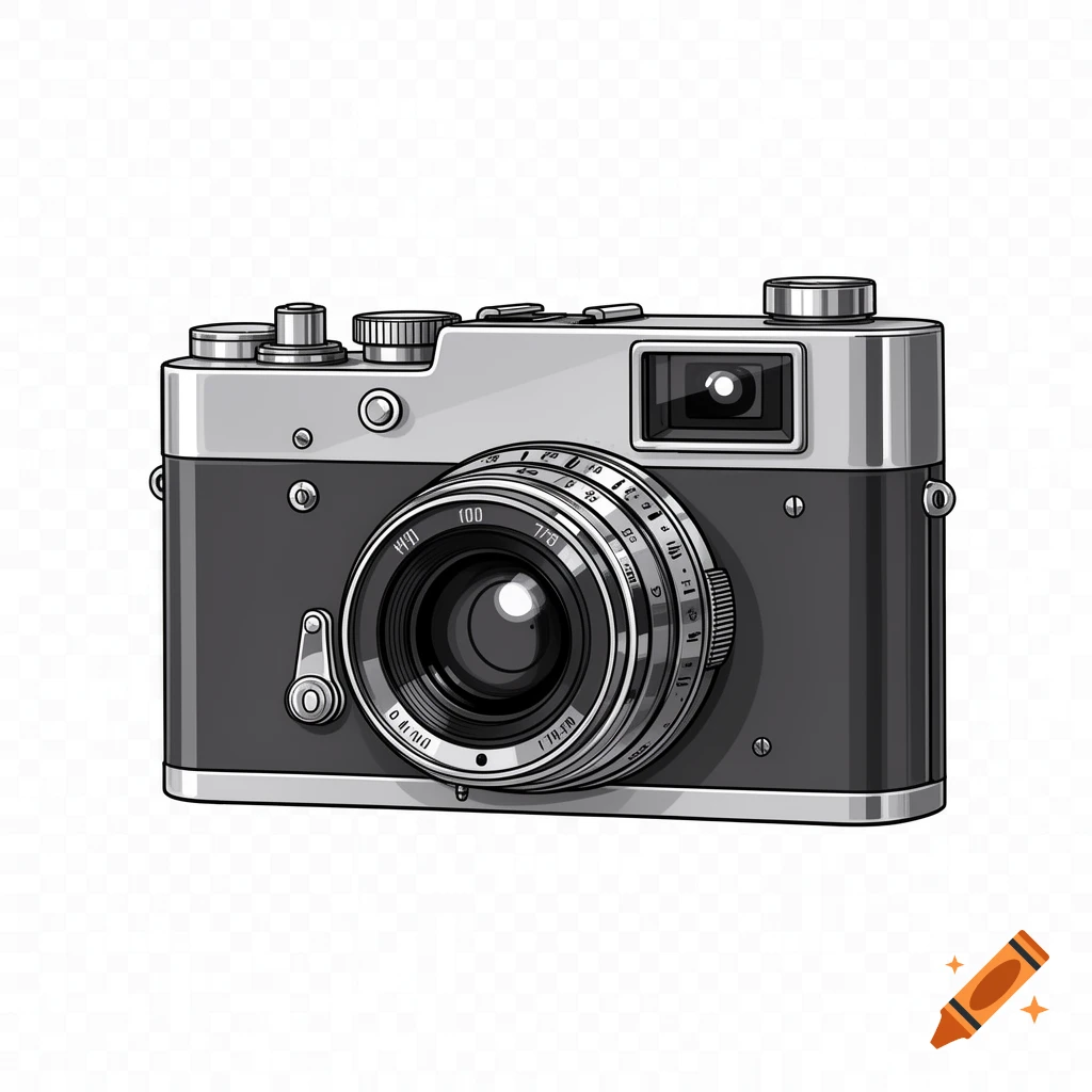 A stylized, hand-drawn illustration of a vintage camera with a black and silver body on a transparent background.